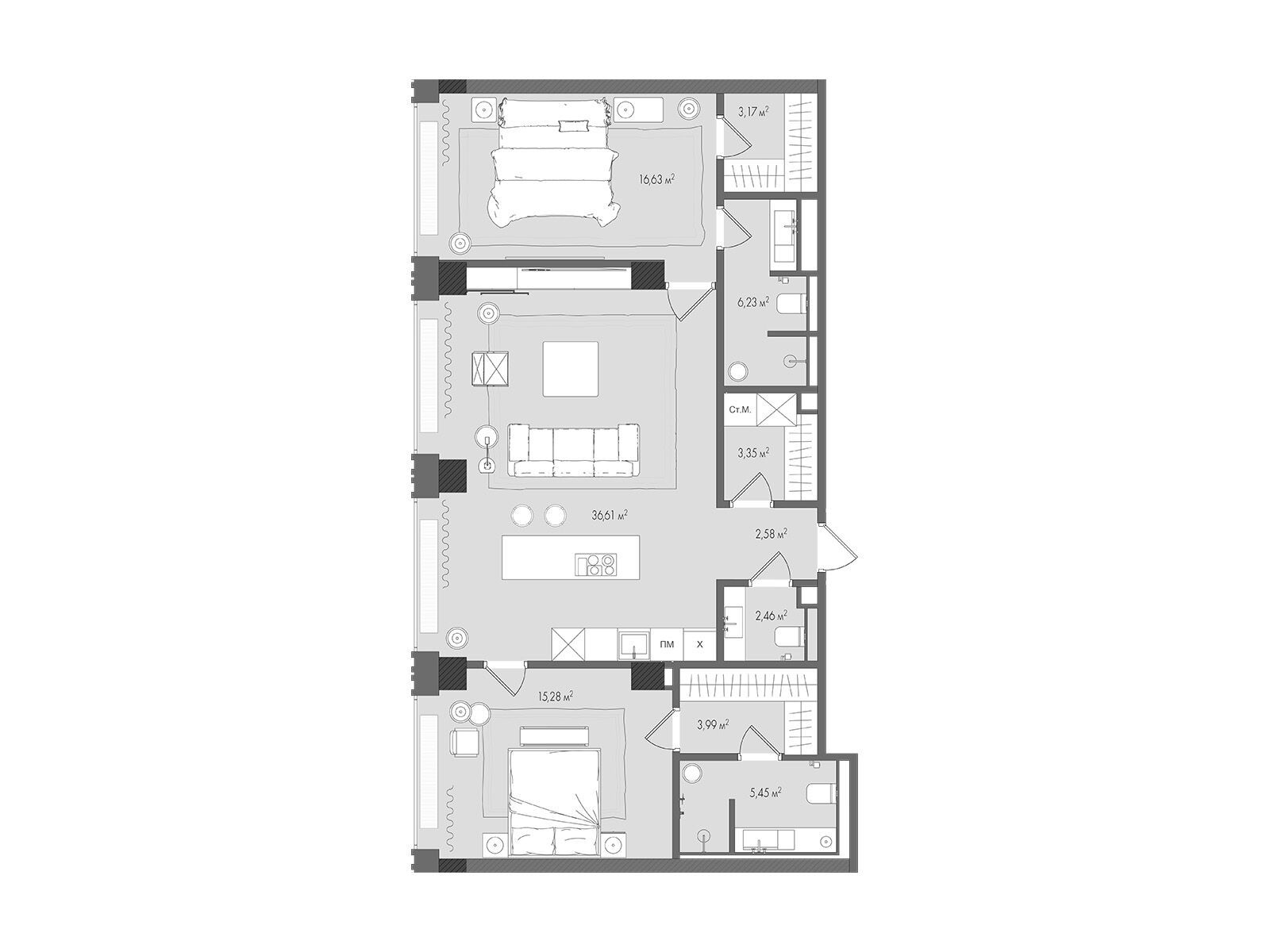 Планировка: 2-комн. квартира 95.40 м² в новостройке ЖК Форум