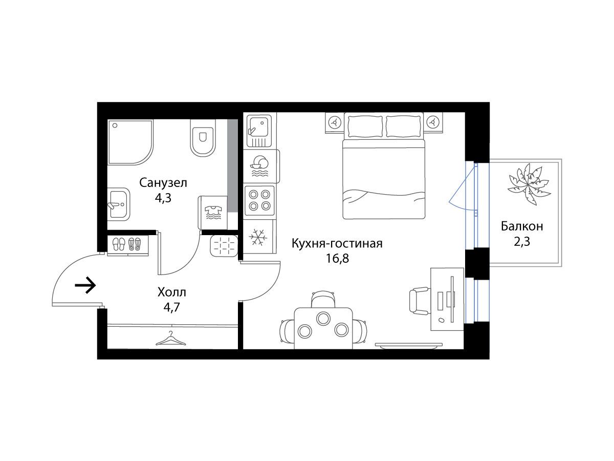Планировка: Студия 26.50 м² в новостройке Экография