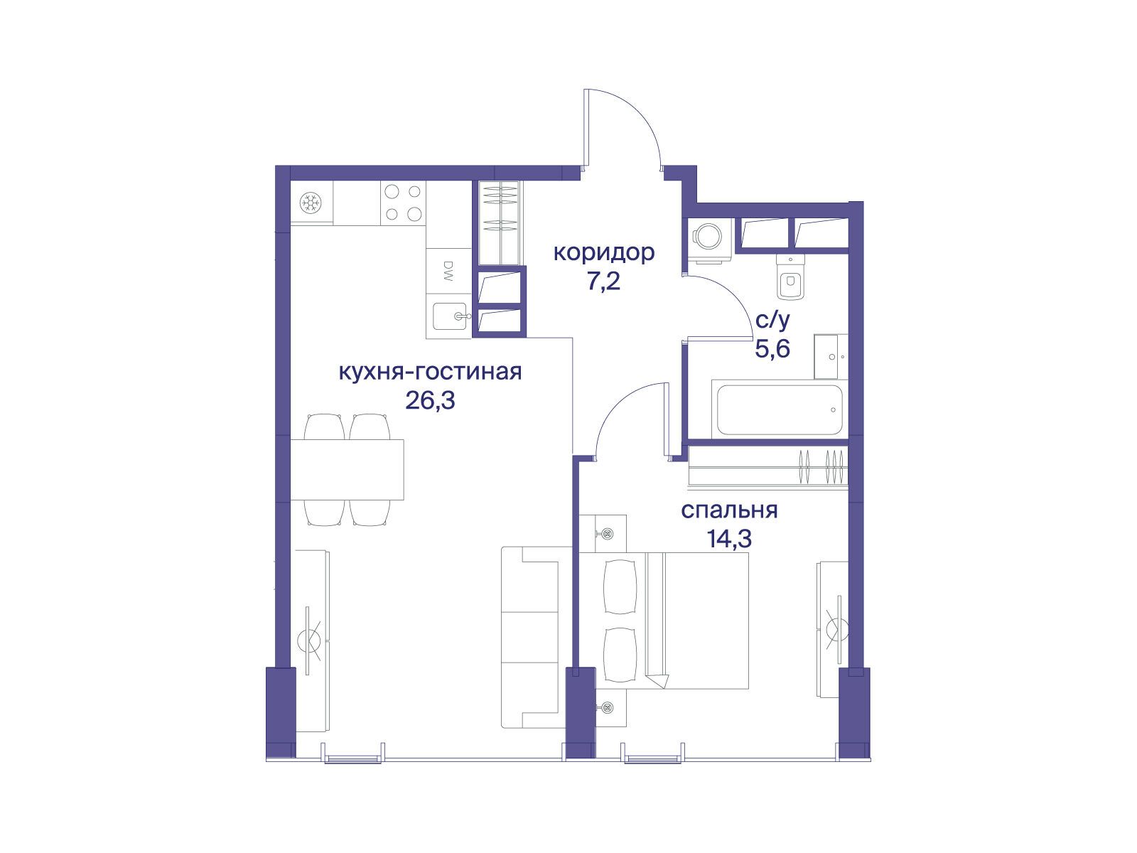 Планировка: 1-комн. квартира 53.40 м² в новостройке Начало