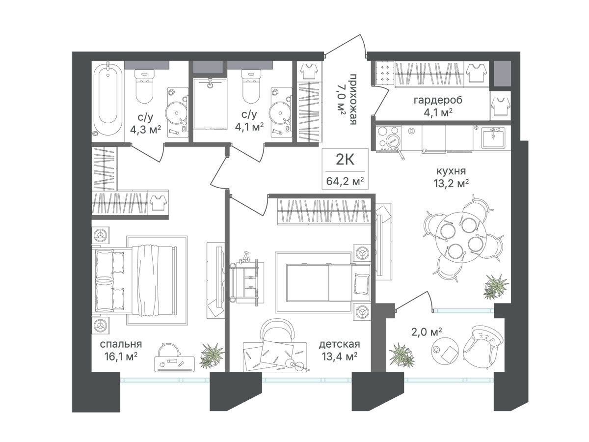 Планировка: 2-комн. квартира 64.20 м² в новостройке Петровский парк II