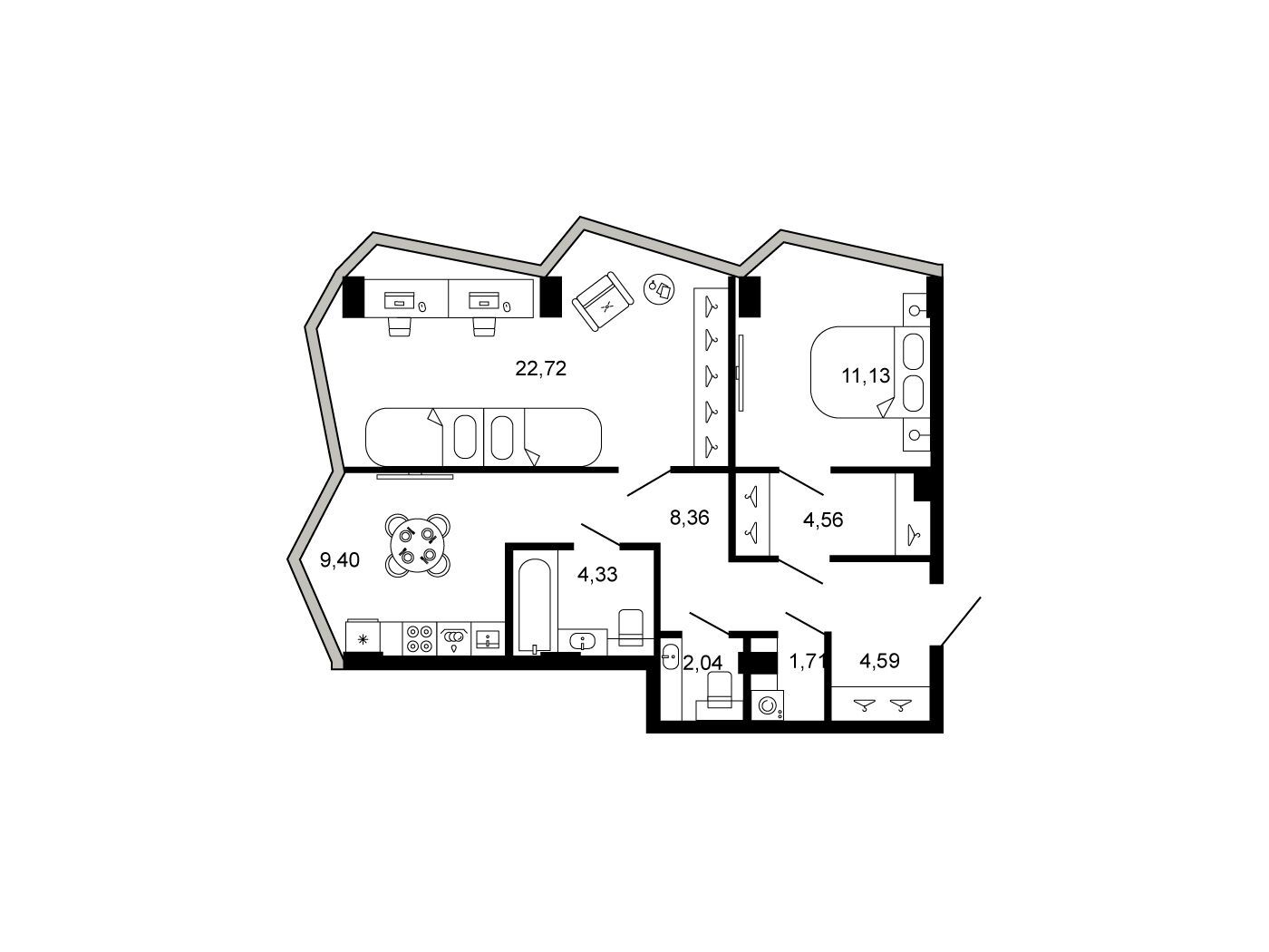 Планировка: 2-комн. квартира 68.85 м² в новостройке Клубный дом Новая, 11