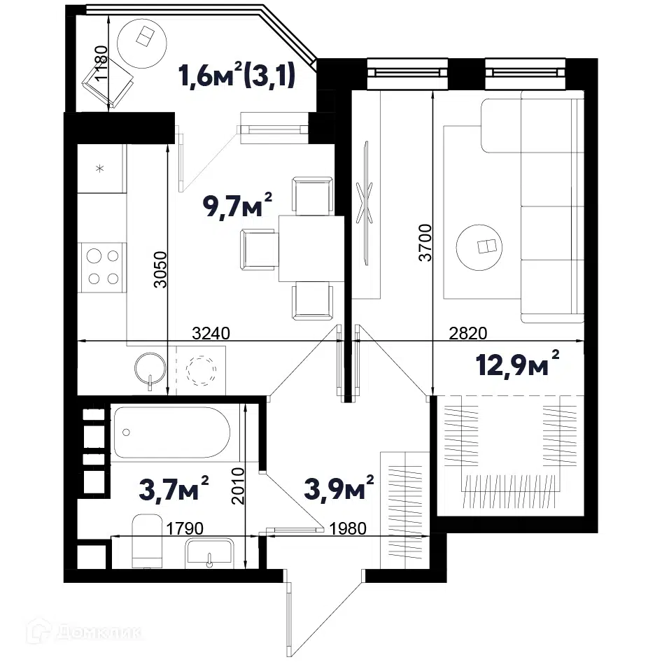 Планировка: 1-комн. квартира 31.80 м² в новостройке Спортивная деревня