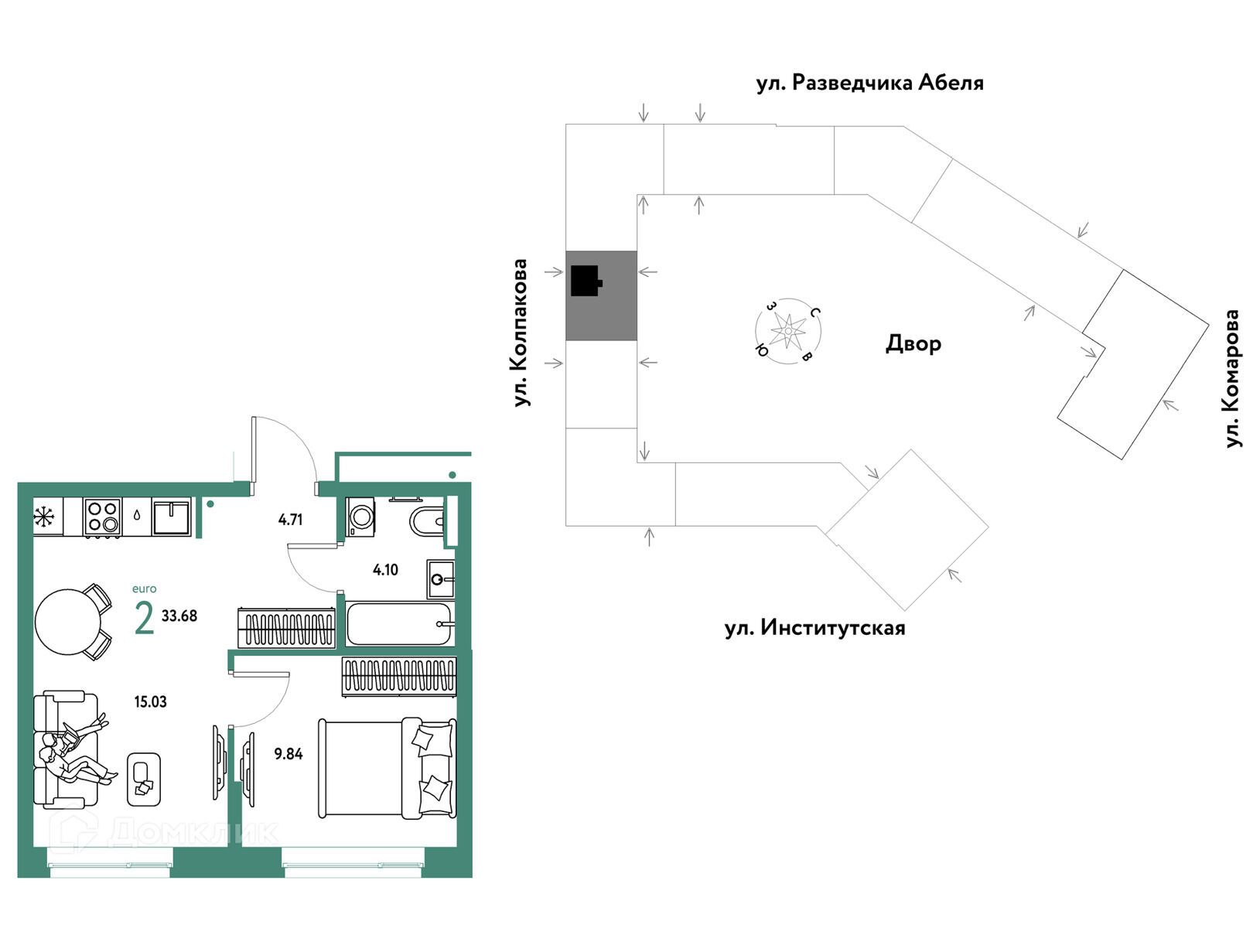 Планировка: 2-комн. квартира 33.68 м² в новостройке Страна Парковая
