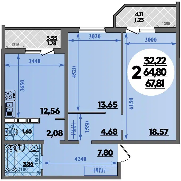 Планировка: 2-комн. квартира 67.81 м² в новостройке Квартал №6