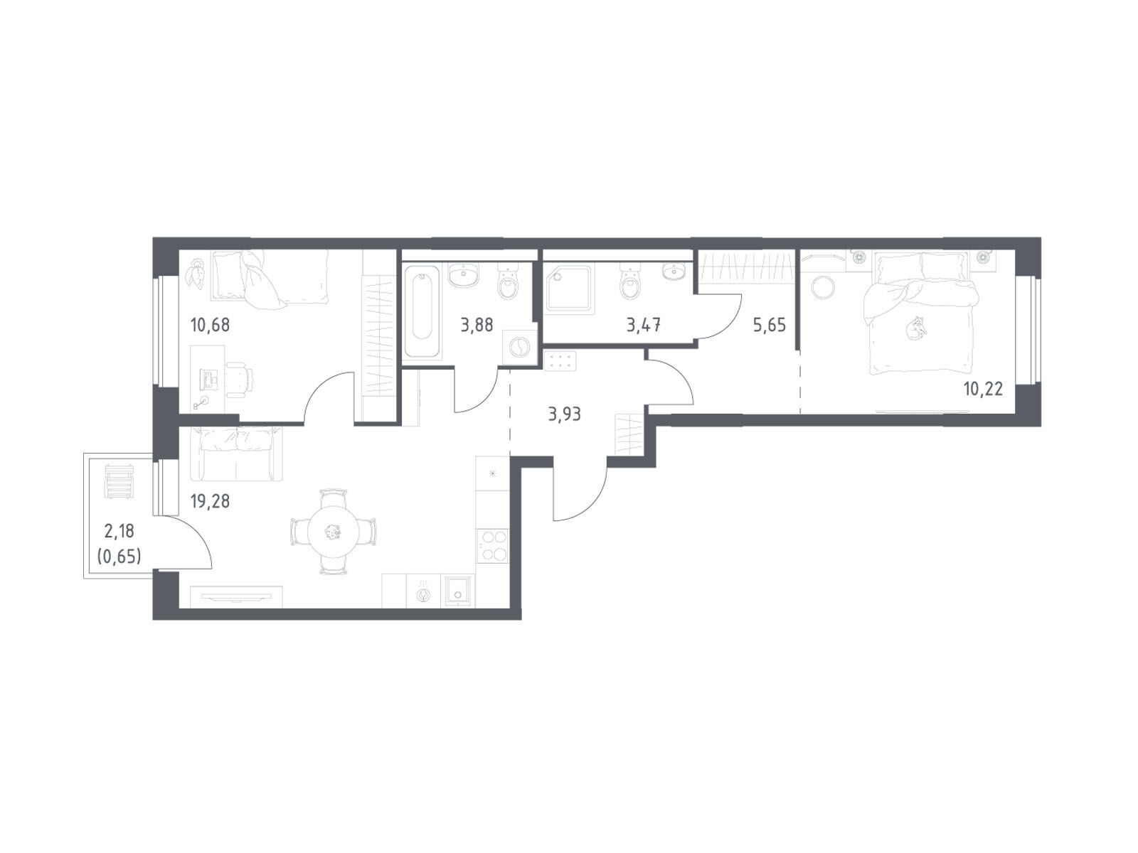 Планировка: 2-комн. квартира 57.76 м² в новостройке Большое Юрлово