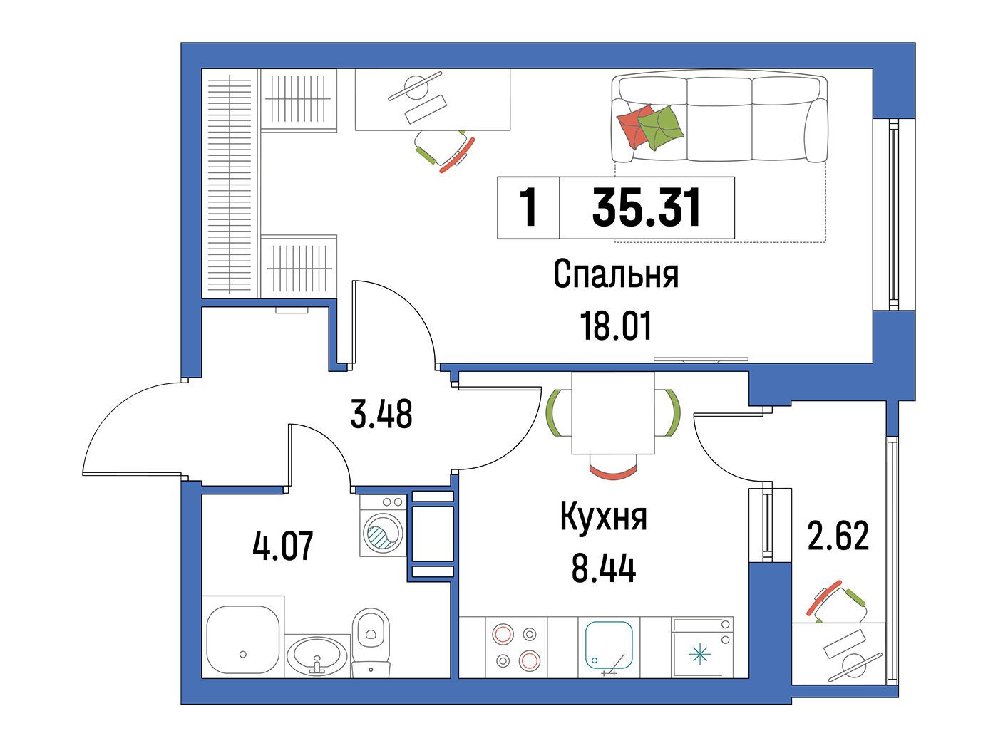 Планировка: 1-комн. квартира 33.90 м² в новостройке Урбанист