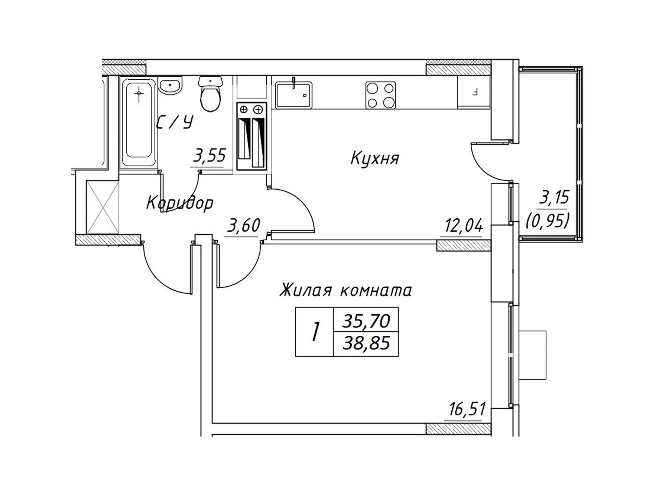 Планировка: 1-комн. квартира 38.85 м² в новостройке Большевик (Дмитров)