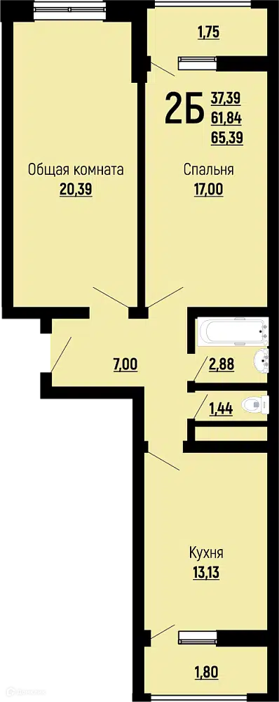 Планировка: 2-комн. квартира 65.39 м² в новостройке Славянка