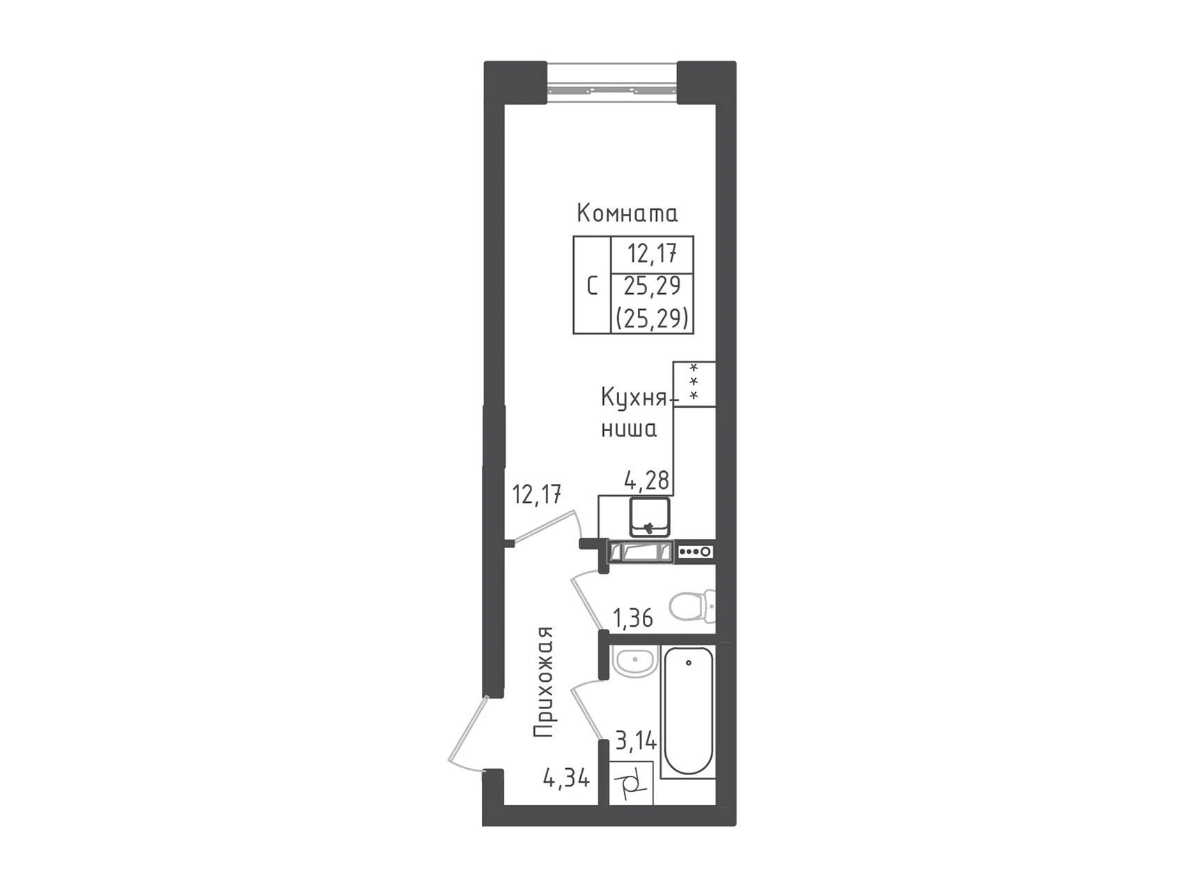 Планировка: Студия 25.29 м² в новостройке Зеленый Город