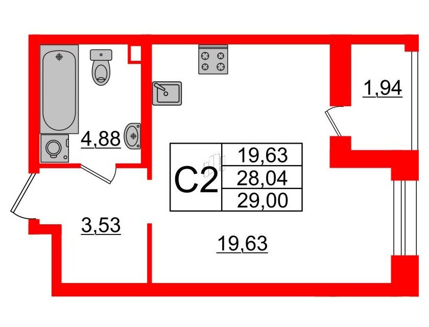Планировка: Студия 29.00 м² в новостройке Аквилон Лив