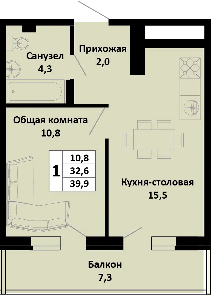 Планировка: 1-комн. квартира 40.40 м² в новостройке Южные Соседи