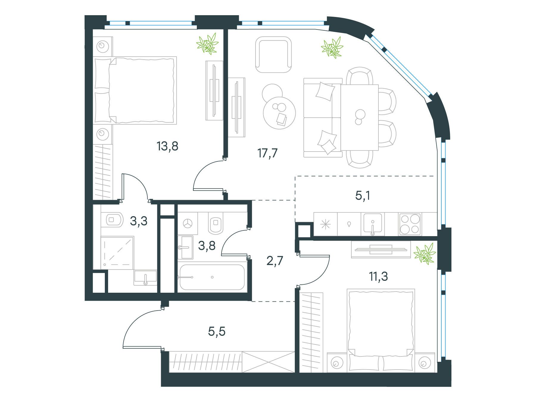 Планировка: 3-комн. квартира 63.20 м² в новостройке Левел Нижегородская