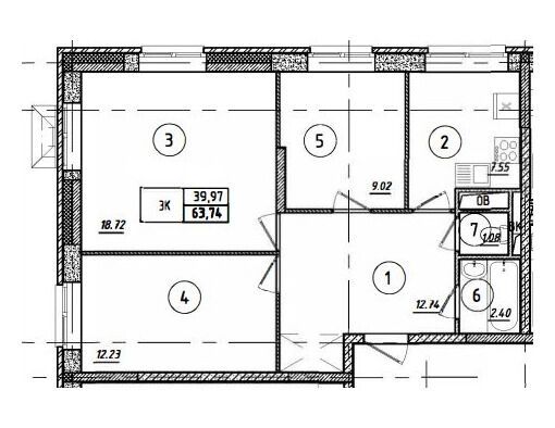 Планировка: 3-комн. квартира 63.74 м² в новостройке Парковый