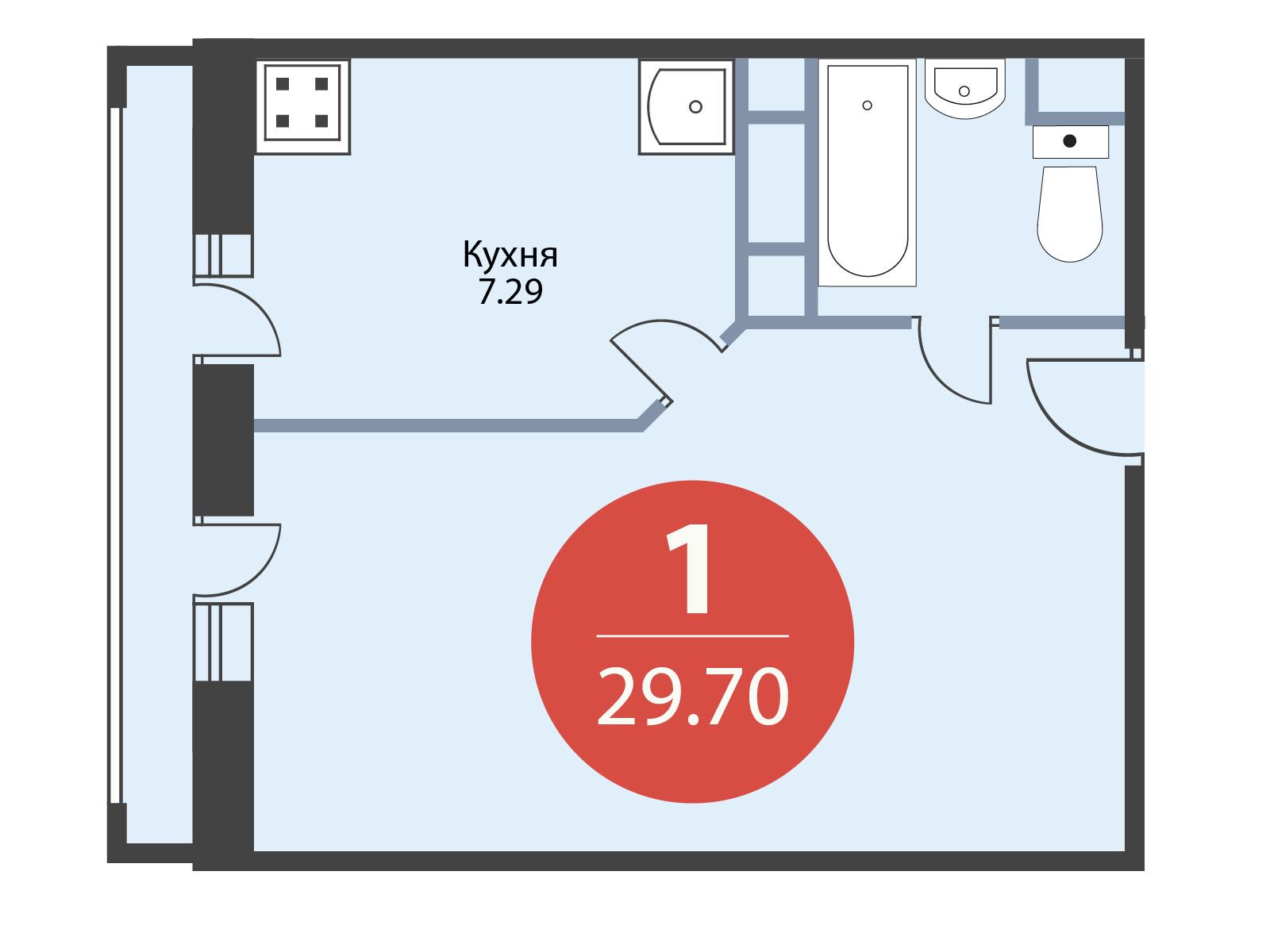 Планировка: 1-комн. квартира 29.70 м² в новостройке Южная долина