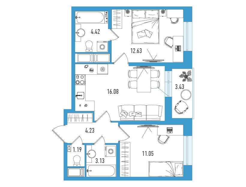 Планировка: 2-комн. квартира 54.45 м² в новостройке ЖК Искра Сити