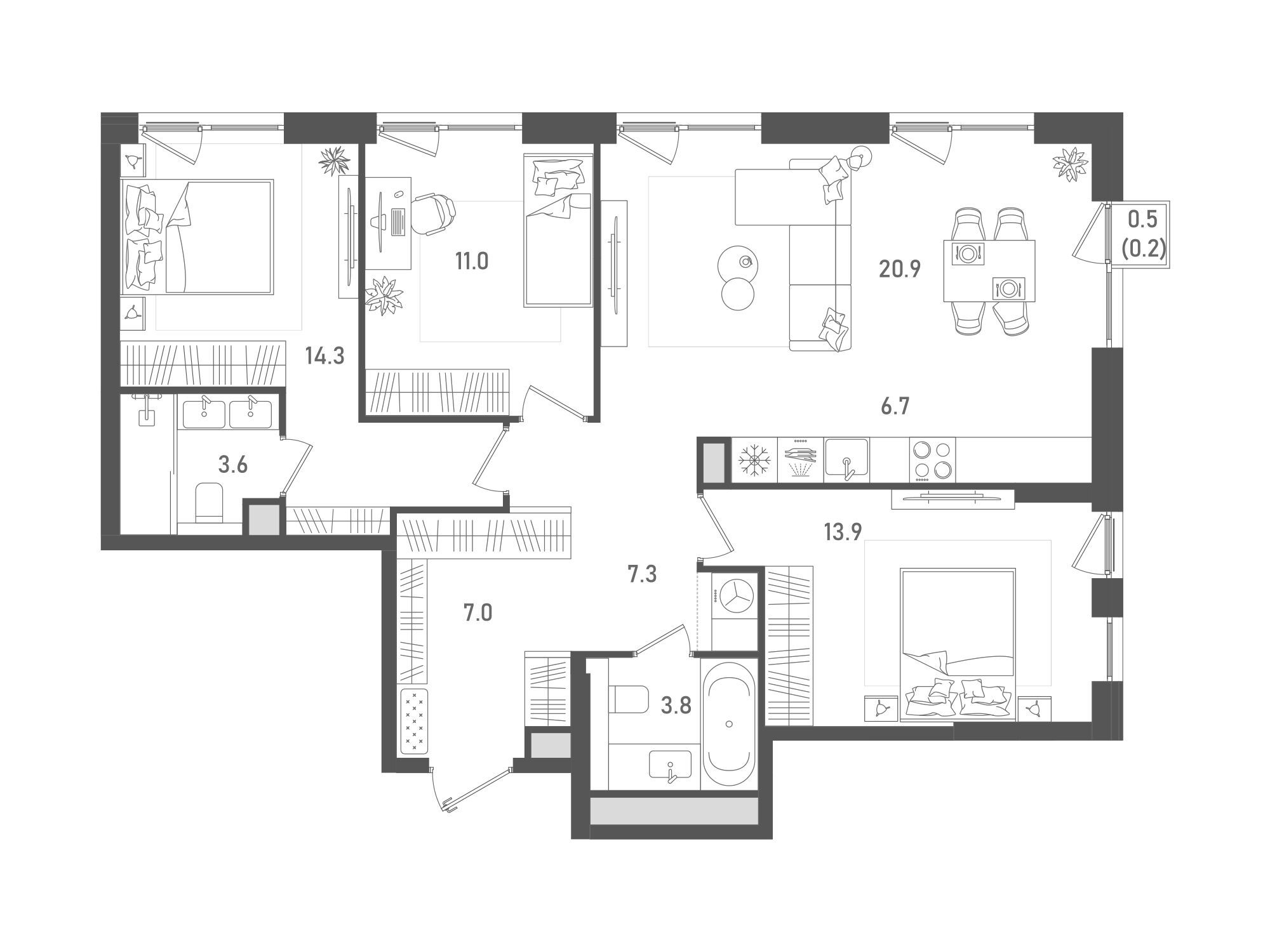 Планировка: 3-комн. квартира 88.70 м² в новостройке Пейв
