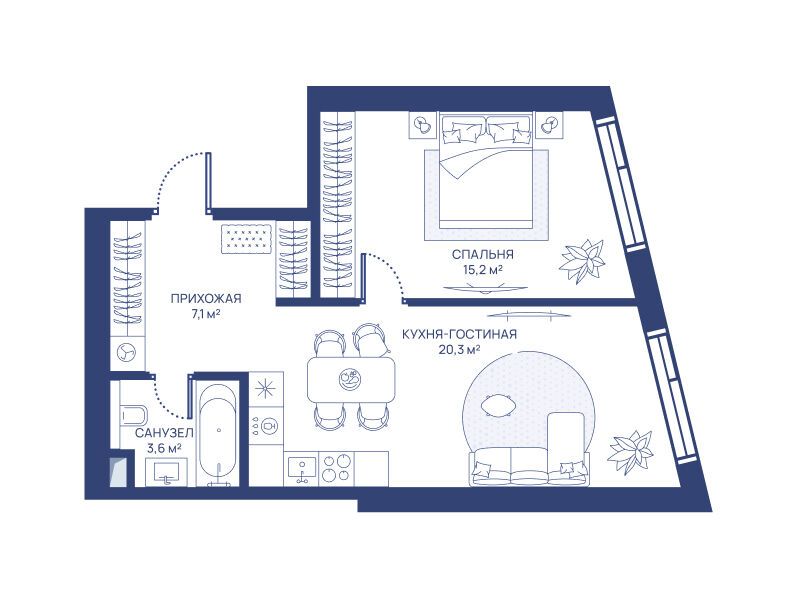 Планировка: 1-комн. квартира 46.20 м² в новостройке Свет
