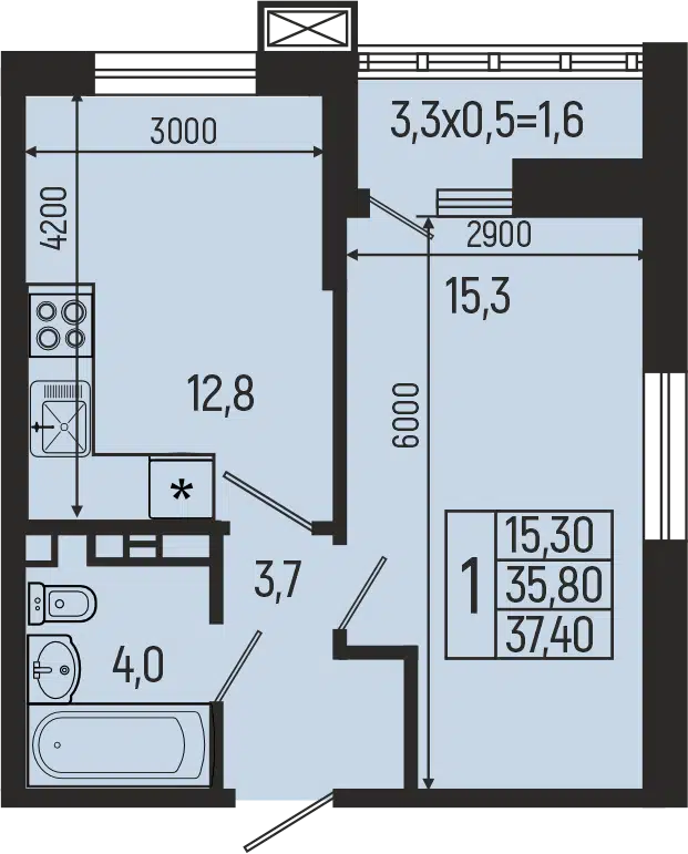 Планировка: 1-комн. квартира 37.40 м² в новостройке Звезды