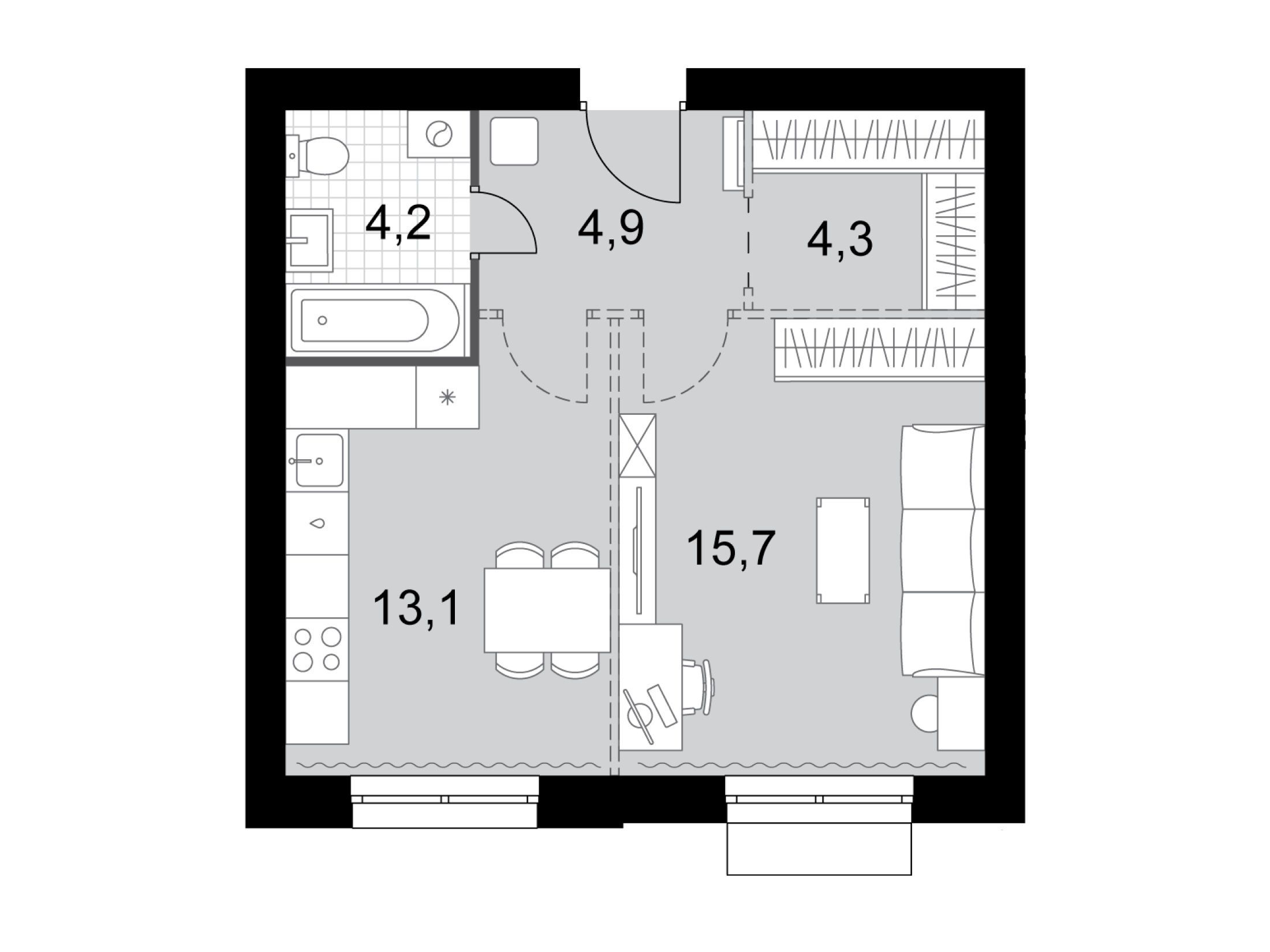 Планировка: 1-комн. квартира 42.20 м² в новостройке ЖК Дубровицы клаб