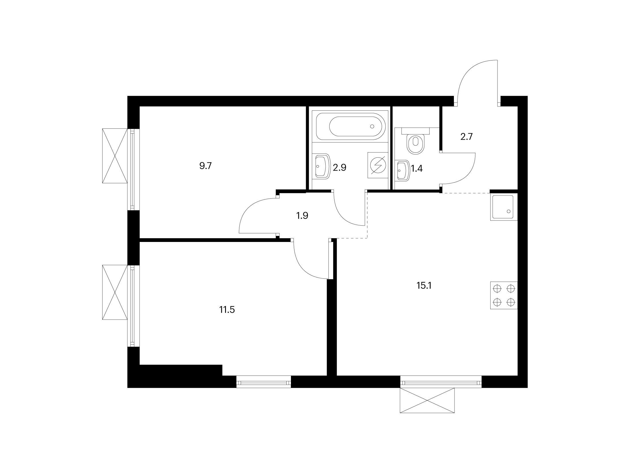 Планировка: 2-комн. квартира 45.20 м² в новостройке Люблинский парк