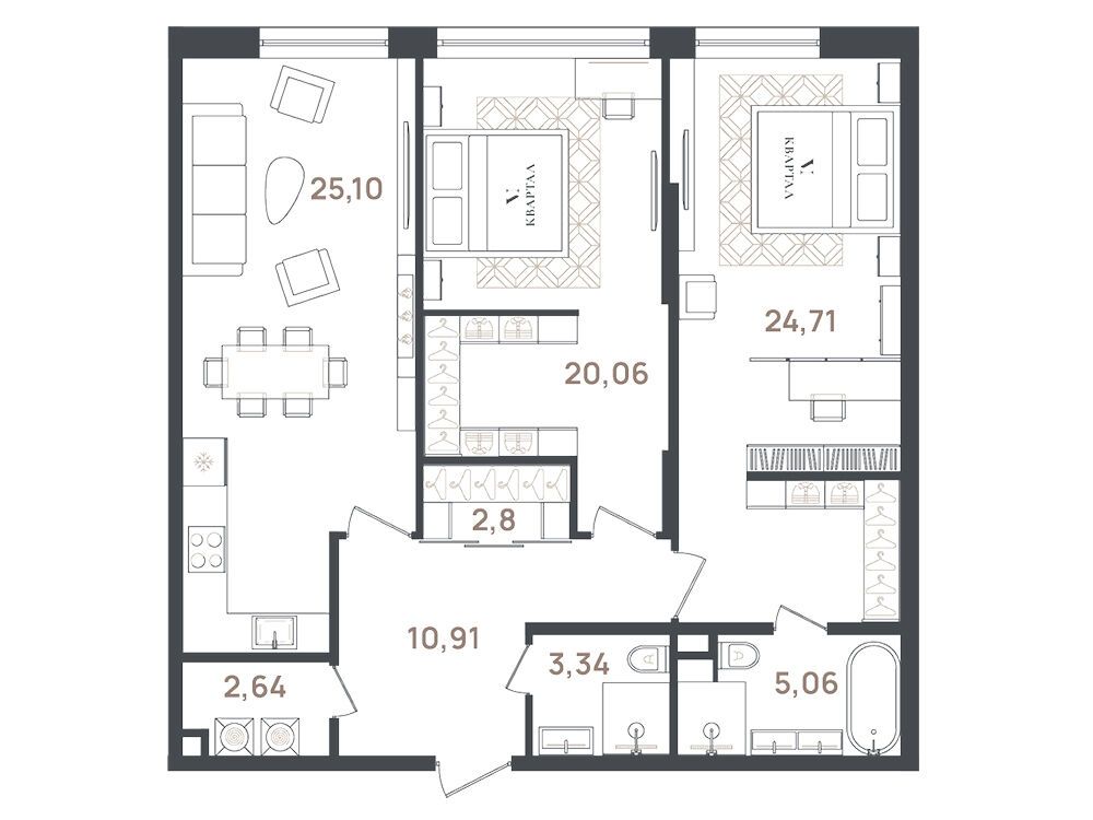 Планировка: 2-комн. квартира 94.48 м² в новостройке VI Квартал