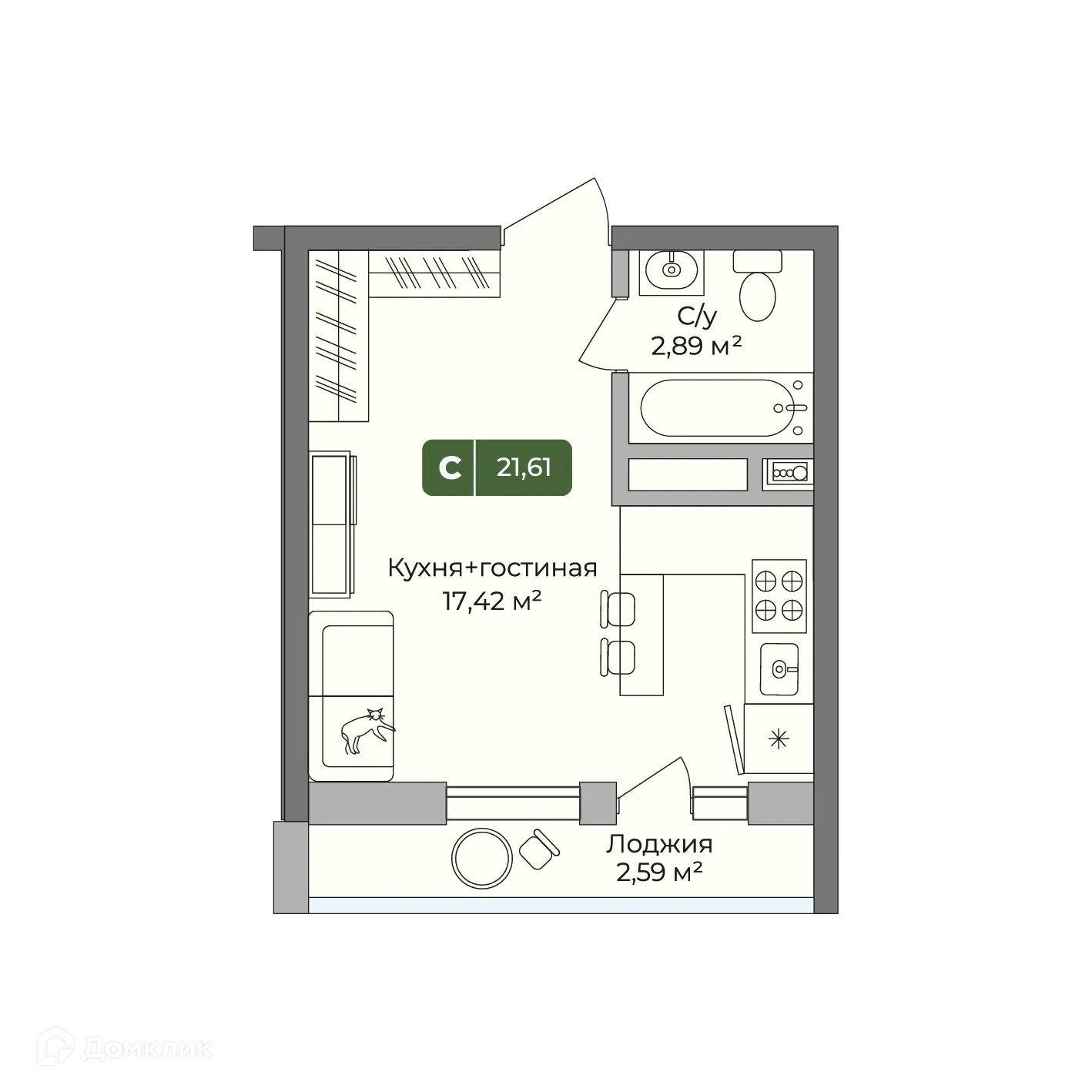 Планировка: Студия 21.61 м² в новостройке Цитрус