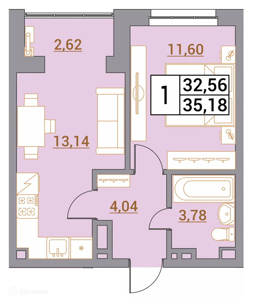 Планировка: 1-комн. квартира 35.18 м² в новостройке Зеленый город