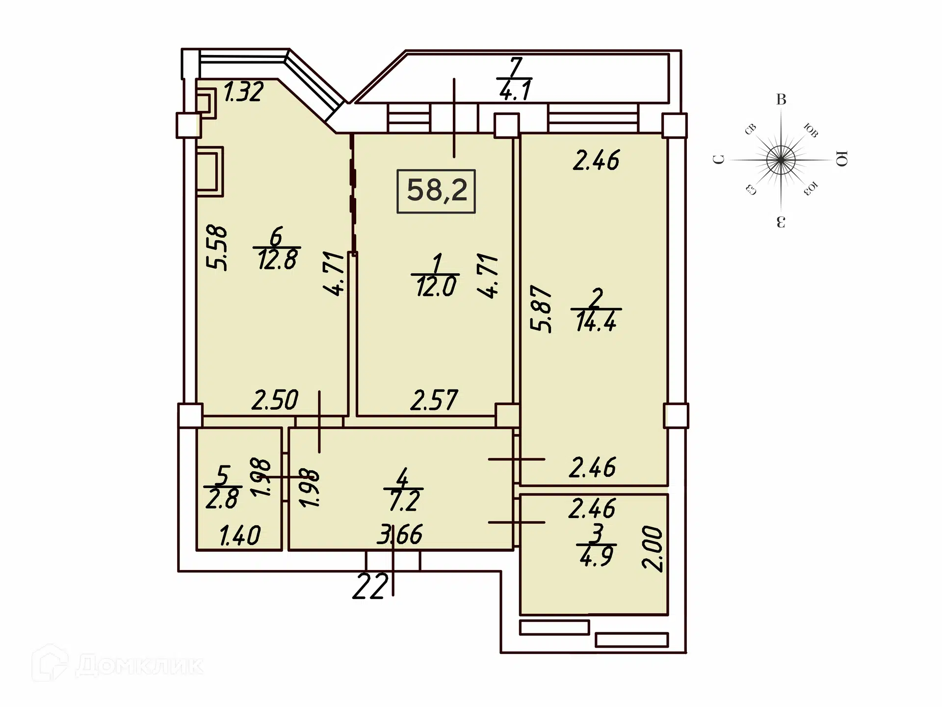 Планировка: 2-комн. квартира 58.20 м² в новостройке Кленовая роща