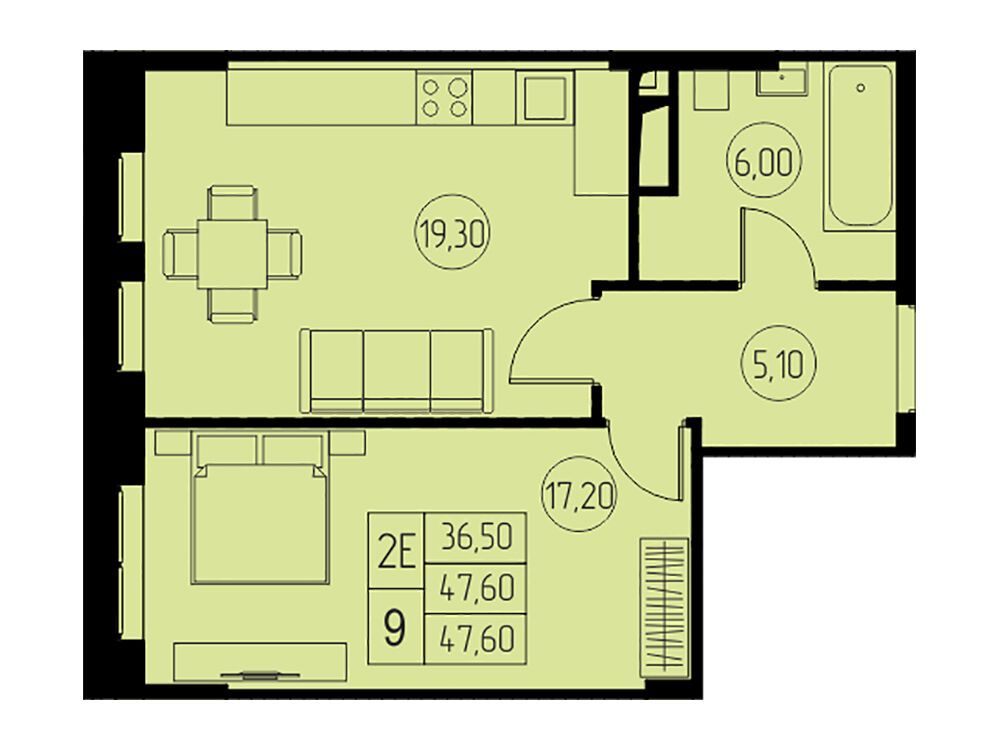Планировка: 2-комн. квартира 47.60 м² в новостройке 31 квартал