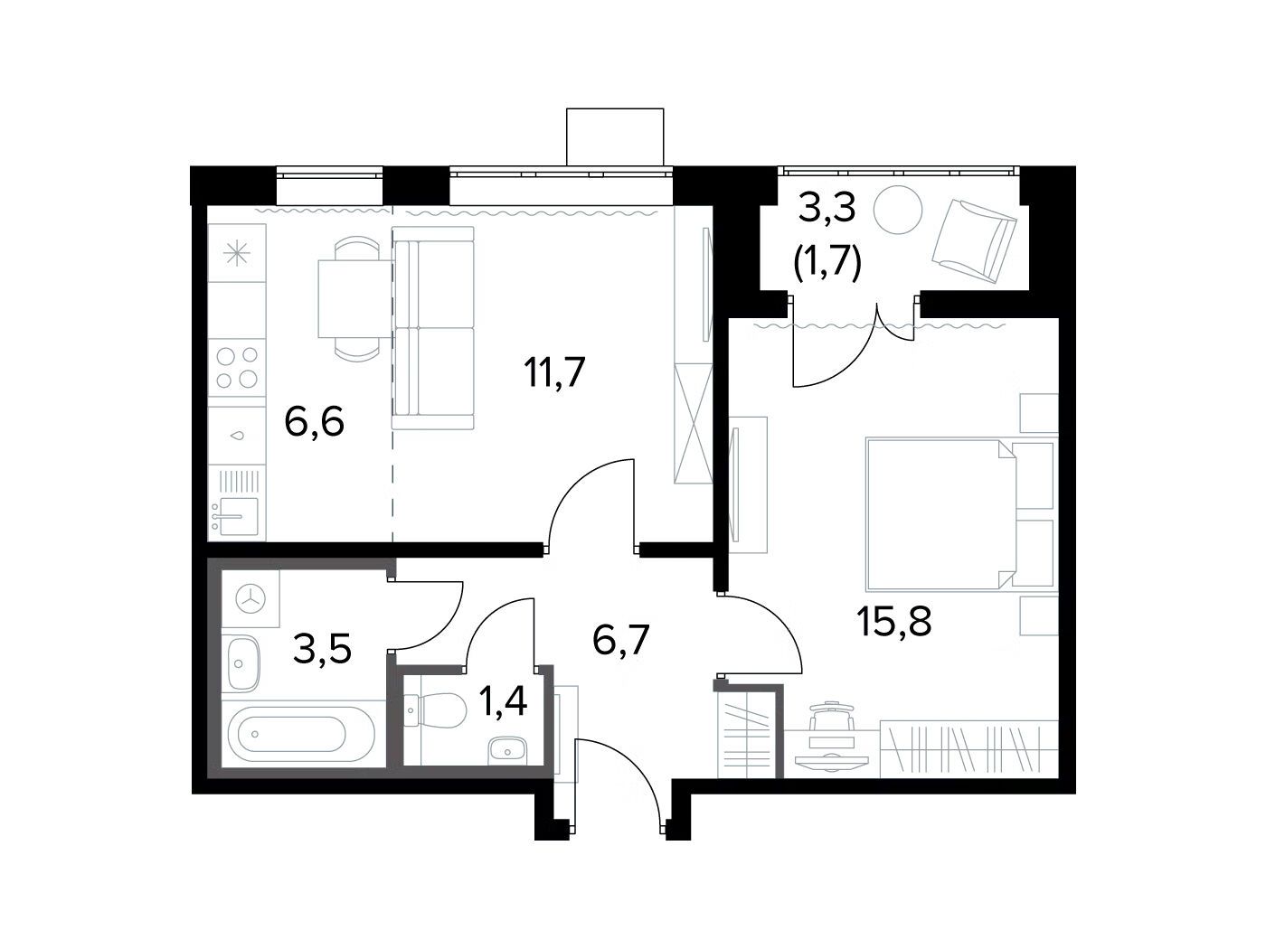 Планировка: 2-комн. квартира 47.40 м² в новостройке 1-й Донской