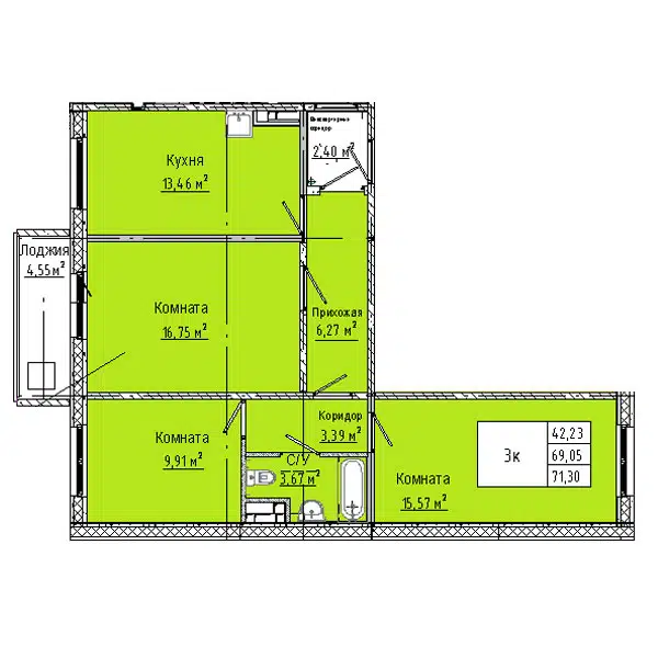 Планировка: 3-комн. квартира 71.30 м² в новостройке Дом на 3-й Любинской