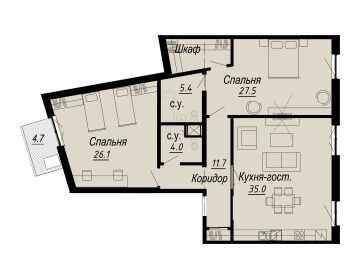 Планировка: 2-комн. квартира 118.10 м² в новостройке Мельцер Холл