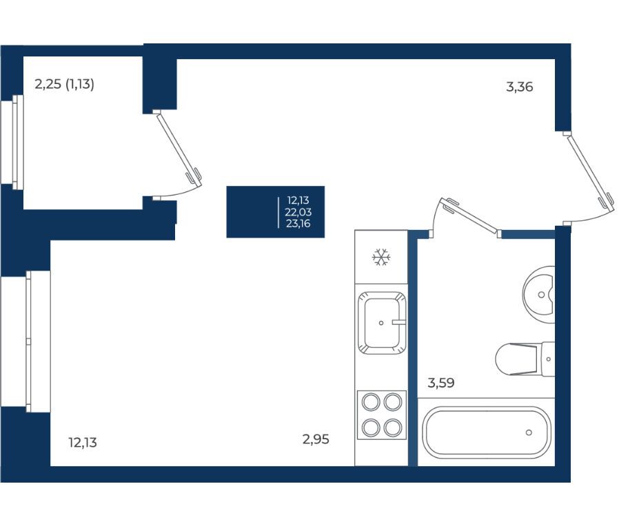 Планировка: Студия 23.16 м² в новостройке Новатория