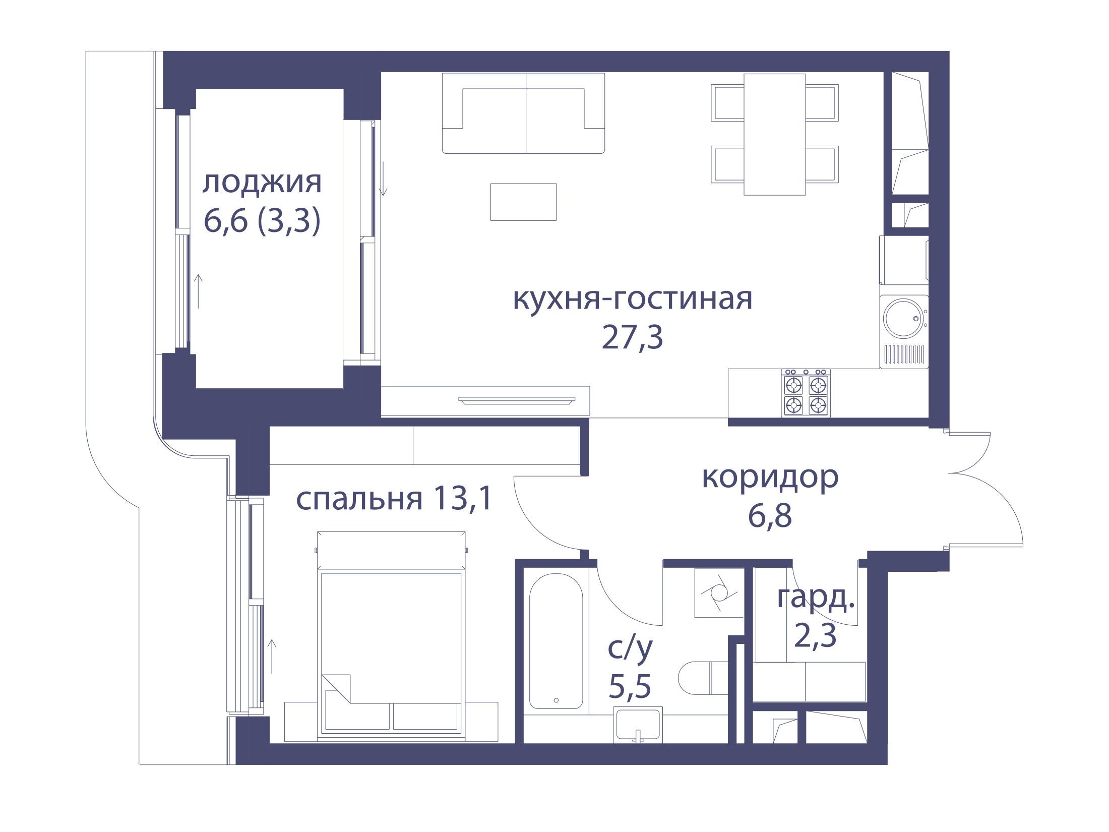 Планировка: 1-комн. квартира 58.30 м² в новостройке Река
