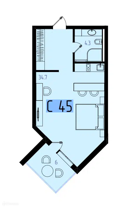 Планировка: Студия 45.00 м² в новостройке Оазис Азова