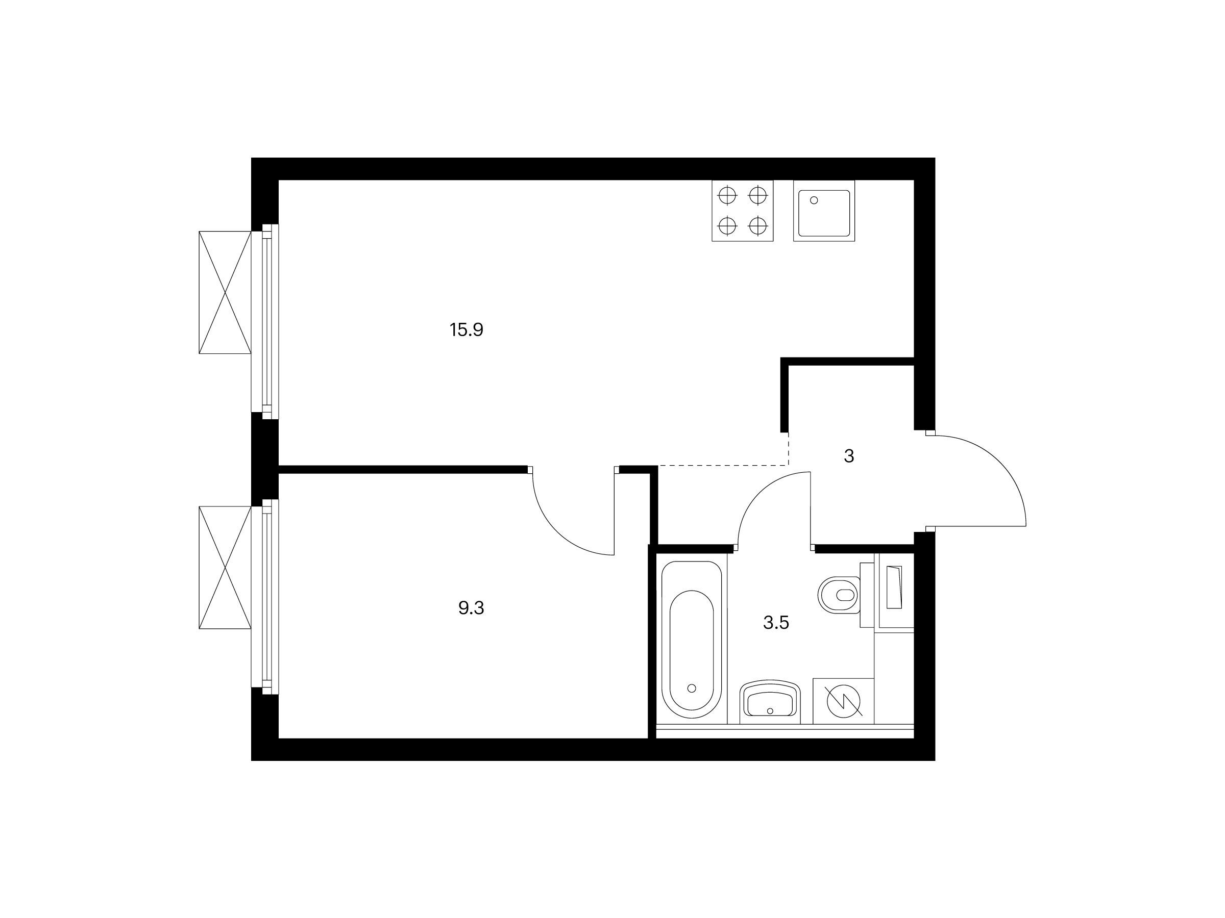 Планировка: 1-комн. квартира 35.60 м² в новостройке Первый Дубровский