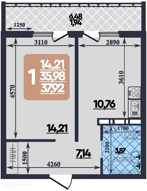 Планировка: 1-комн. квартира 37.92 м² в новостройке Ленинградский квартал