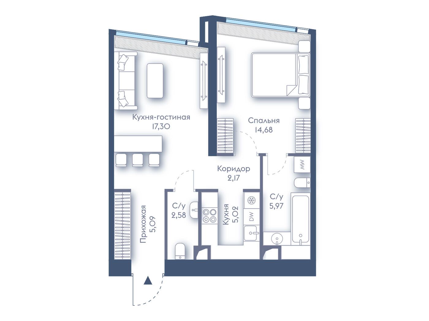 Планировка: 1-комн. квартира 52.81 м² в новостройке Дом Дау