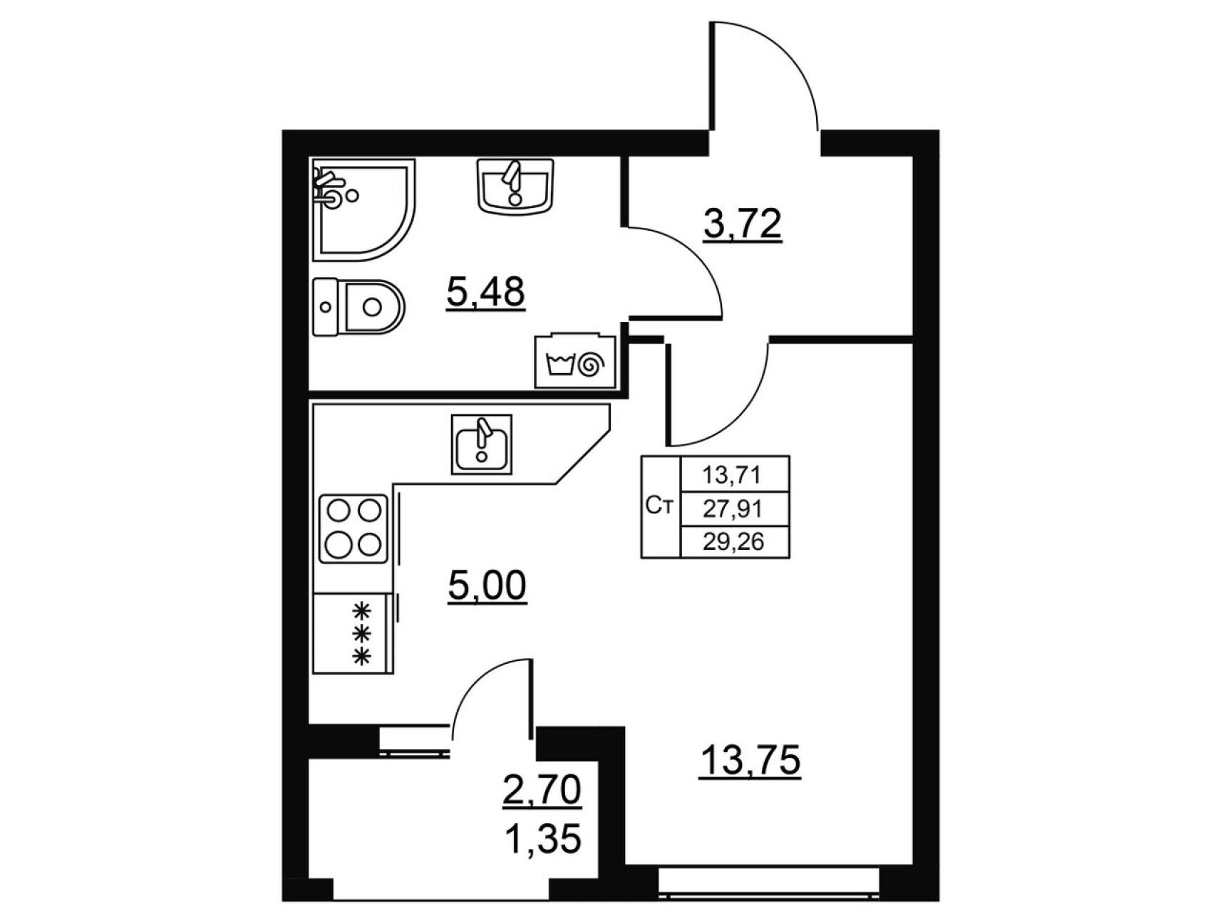 Планировка: Студия 29.26 м² в новостройке Высота. Новодевяткино