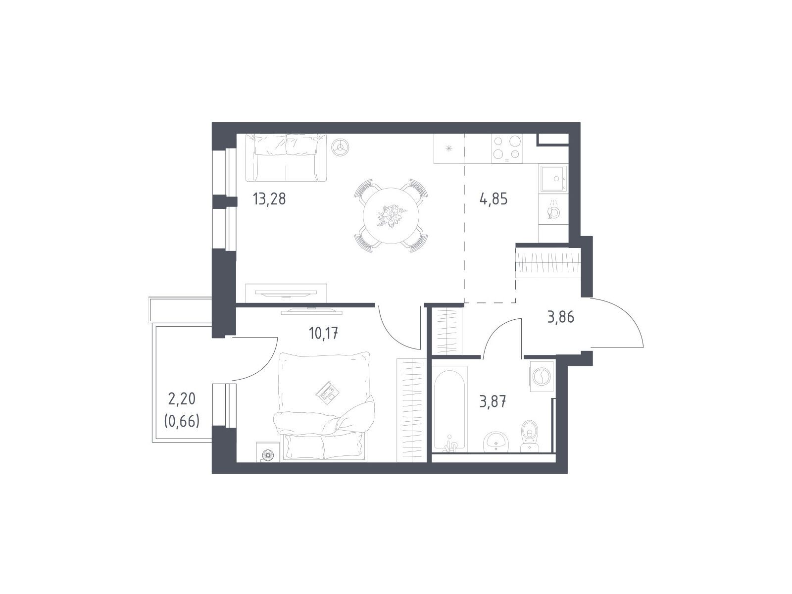 Планировка: 1-комн. квартира 36.60 м² в новостройке Квартал Авиаторов