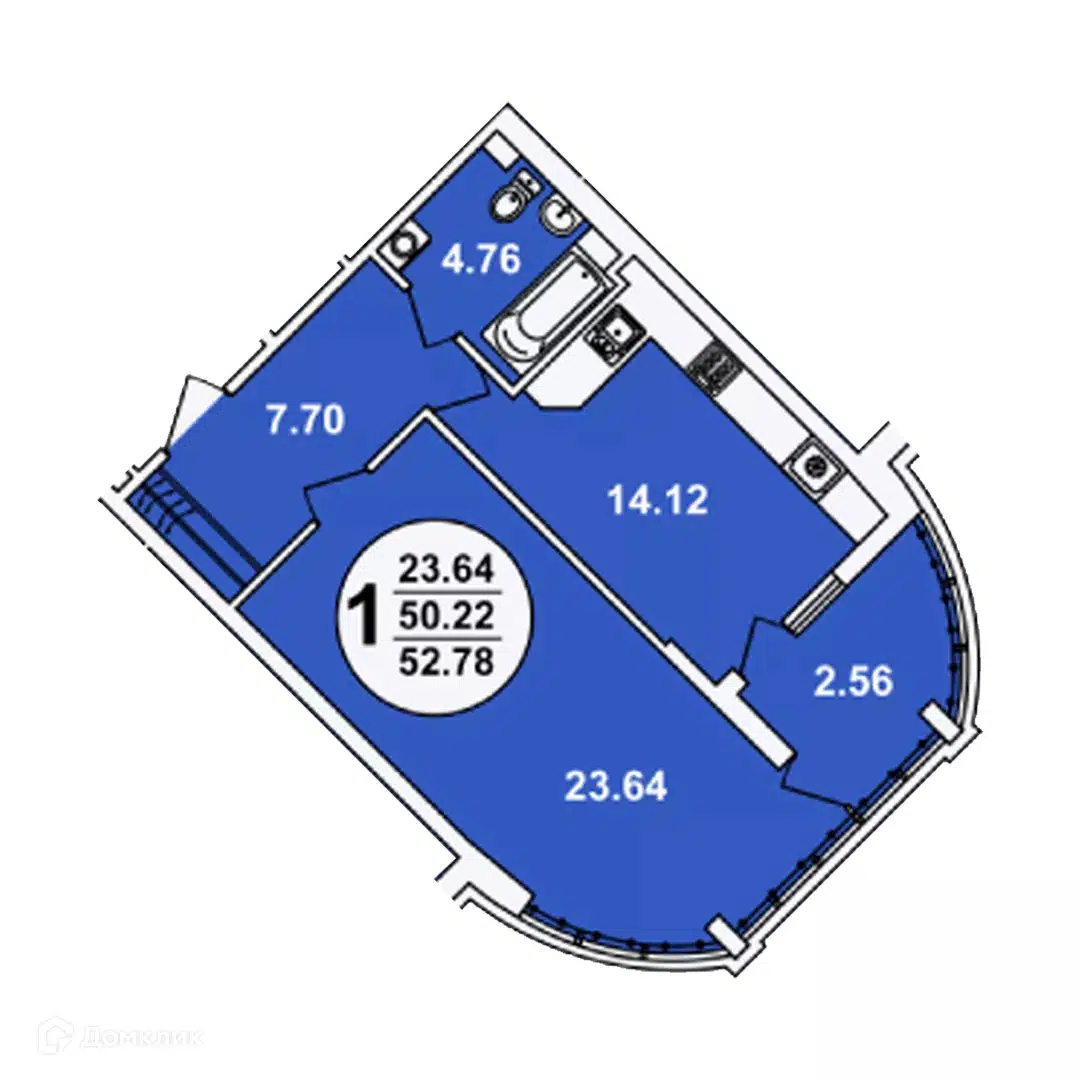 Планировка: 1-комн. квартира 52.78 м² в новостройке Краснодар Сити