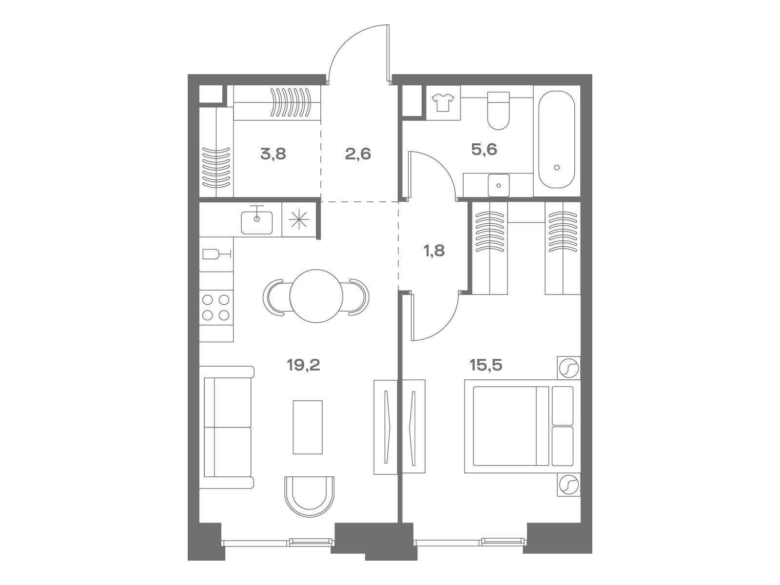 Планировка: 1-комн. квартира 48.50 м² в новостройке Соул