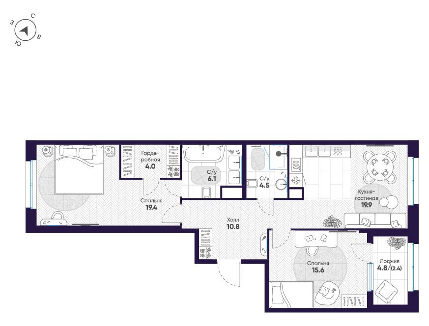 Планировка: 2-комн. квартира 82.70 м² в новостройке ЛДМ