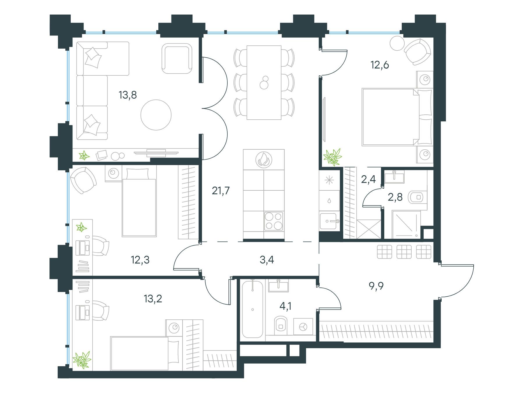Планировка: 4-комн. квартира 94.60 м² в новостройке ЖК Левел Бауманская
