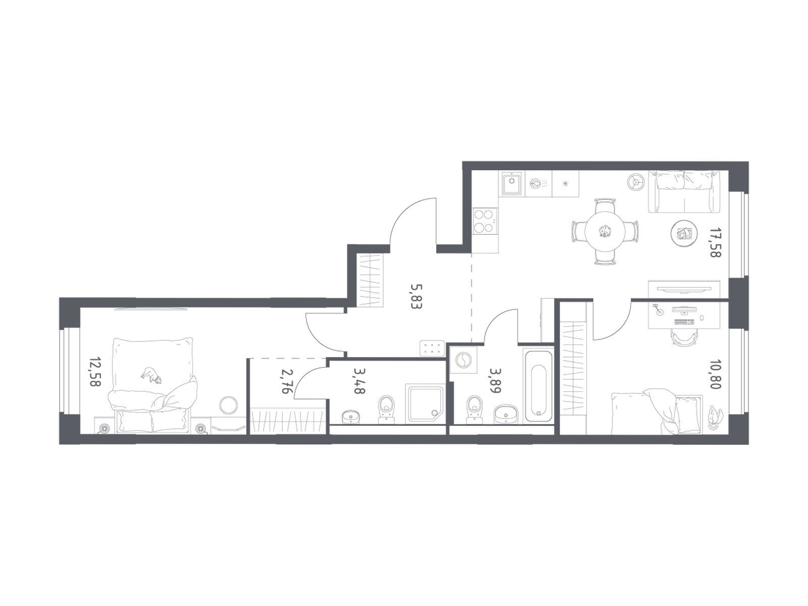 Планировка: 2-комн. квартира 56.92 м² в новостройке Большое Юрлово