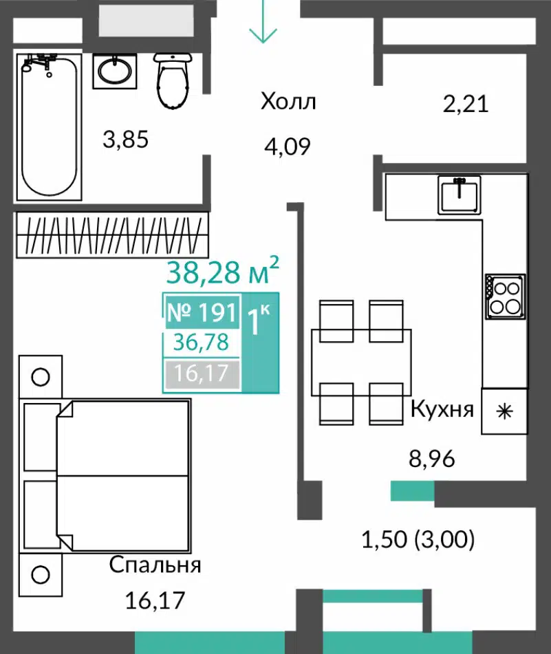 Планировка: 1-комн. квартира 36.78 м² в новостройке ЖК Единство