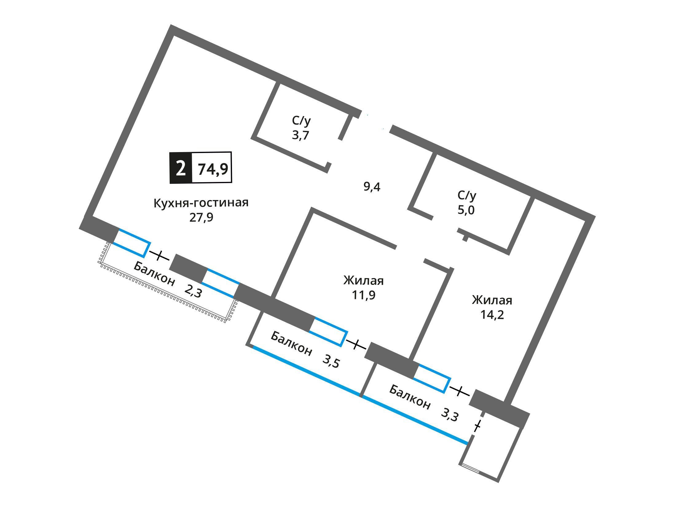 Планировка: 2-комн. квартира 72.20 м² в новостройке Отрада на реке