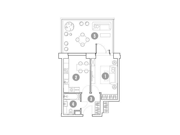 Планировка: 1-комн. квартира 55.70 м² в новостройке Мираполис