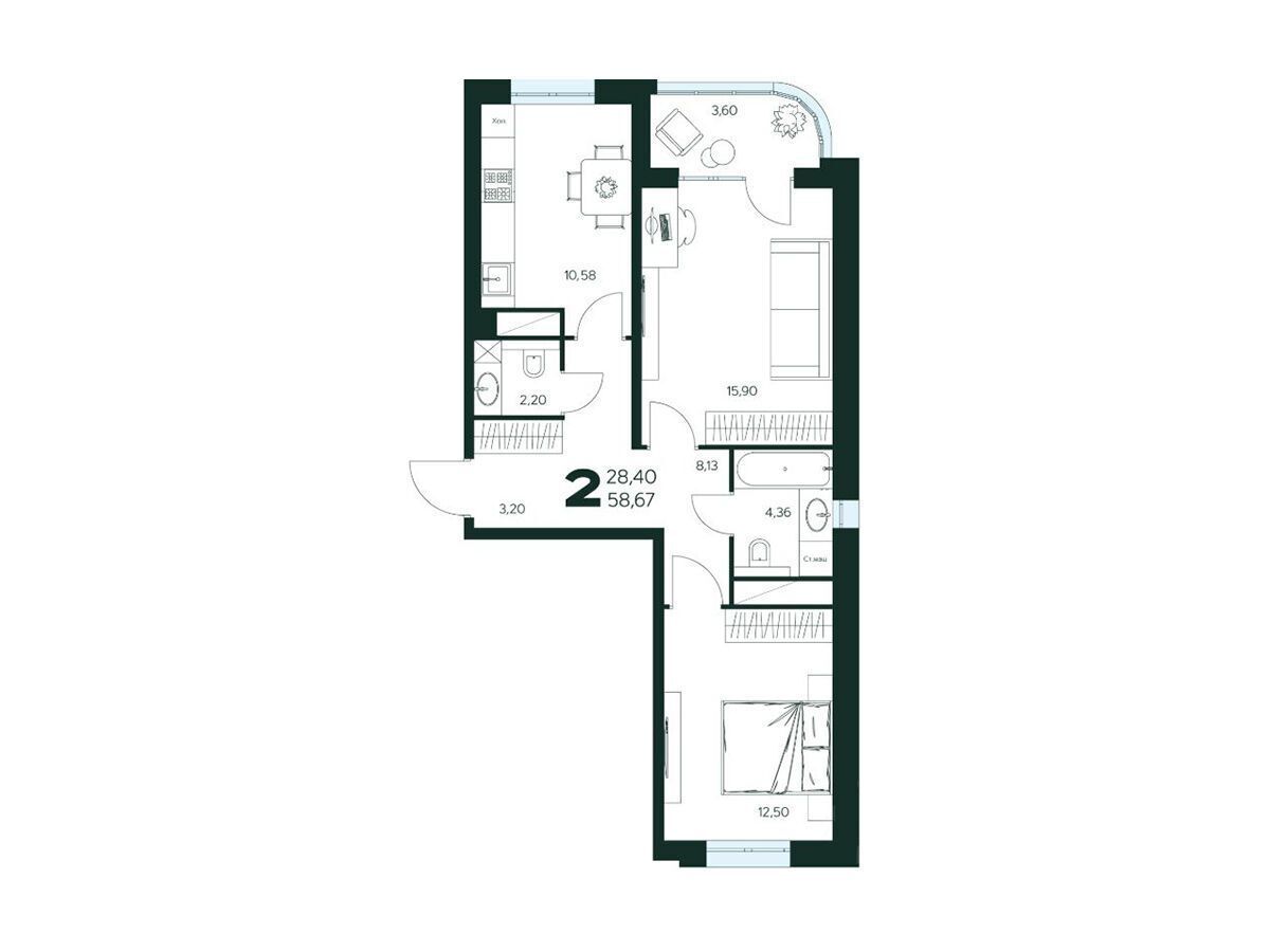 Планировка: 2-комн. квартира 58.67 м² в новостройке Ласточкино