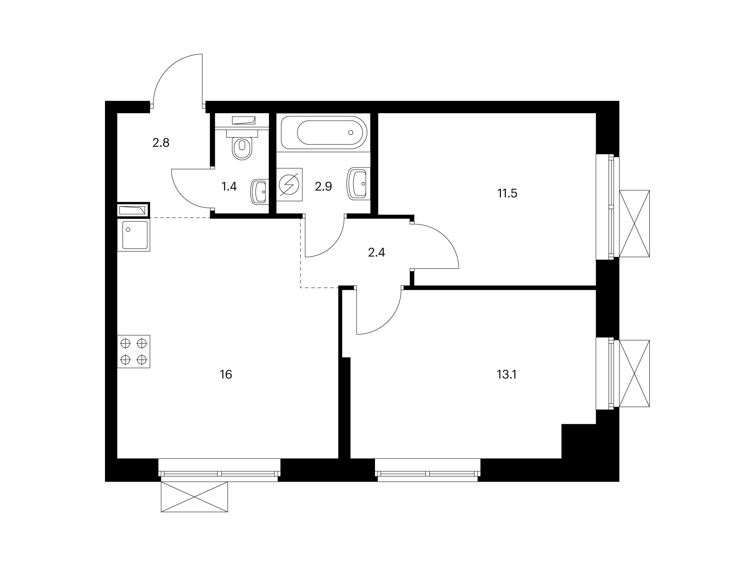 Планировка: 2-комн. квартира 49.90 м² в новостройке Ютаново